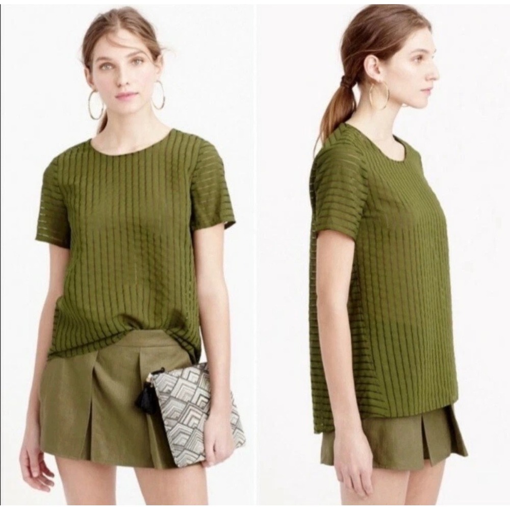 J.Crew Women Olive Green Shadow Stripe Short Sleeve Blouse Exposed Zipper Size 6